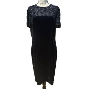 Talbots Vintage Velvet Midi Dress Black Beaded Sequins Cocktail Women's Sz 14